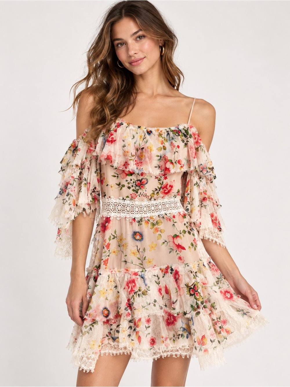 Alice + Olivia Santos Floral Silk Tiered Cold-Shoulder Lace Mini Dress Size 6
